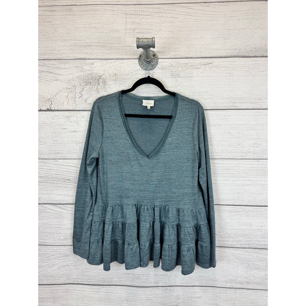 Anthropologie Deletta Teal Textured Tiered Peplum Long Sleeve Blouse Size Medium